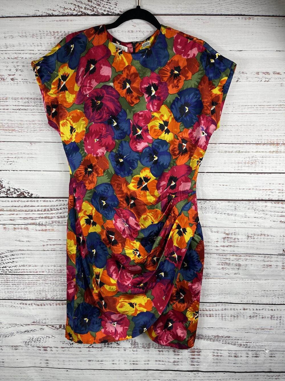 Nipon Boutique Dress Womens SZ 8 Silk Multicolor Floral Pansy Print Short Sleeve
